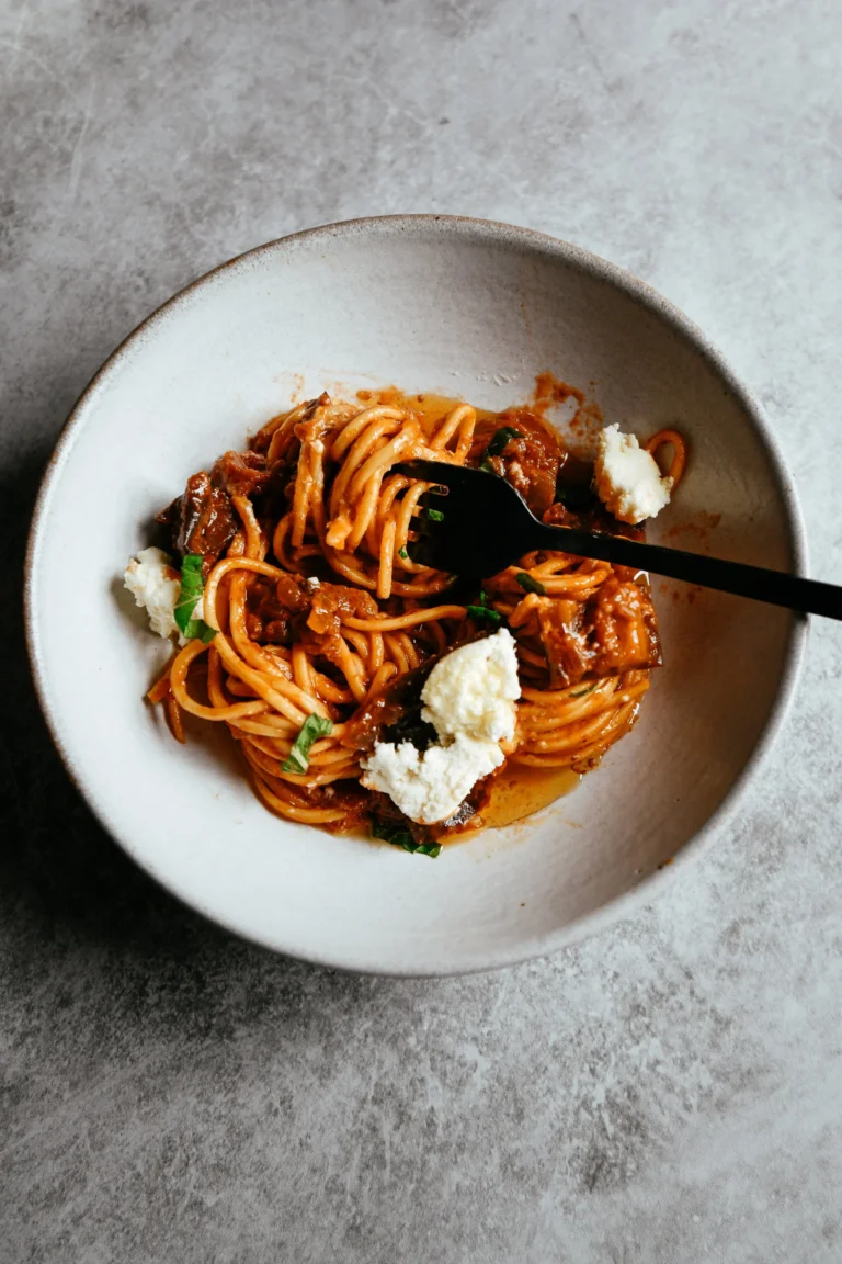 Tonnarelli with Eggplant Ragu and Homemade Ricotta