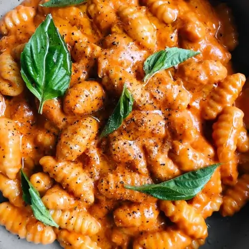A close up photo of a bowl of freshly made cavatelli pasta, served with a creamy, vibrant orange vodka sauce. The pasta is served with freshly cracked black pepper and basil leaves.