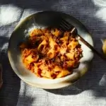 A plate of spicy sausage ragu served with homemade garganelli pasta is pictured in dappled sunlight.