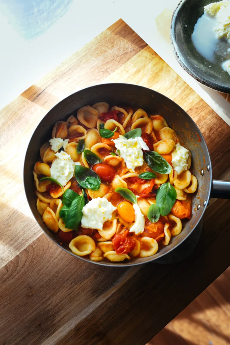 Orecchiette with Burst Tomatoes and Mozzarella