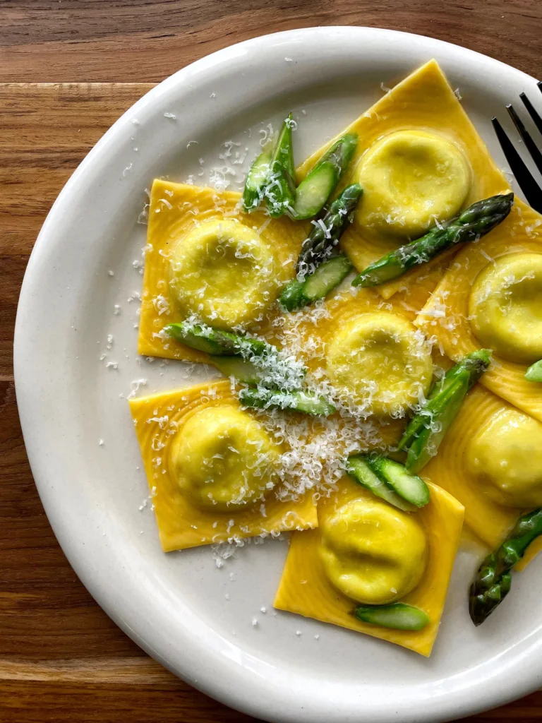 Burrata & Pesto Filled Ravioli with Butter and Asparagus