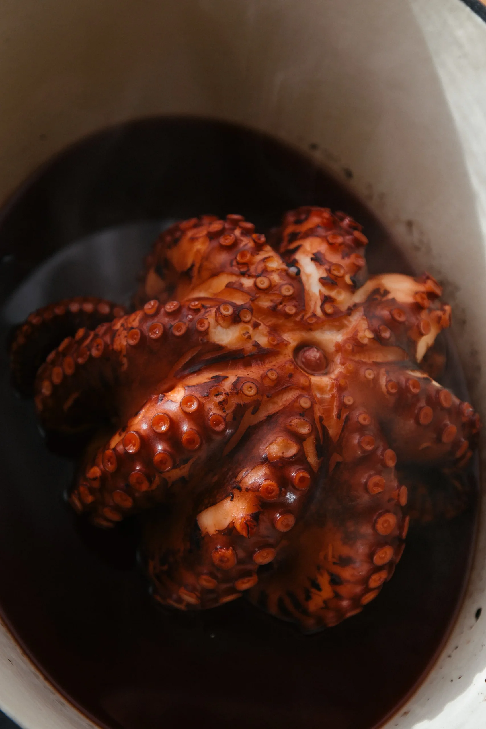 A photo of a braising pan containing a whole octopus that has been slowly cooked in its own juices. 