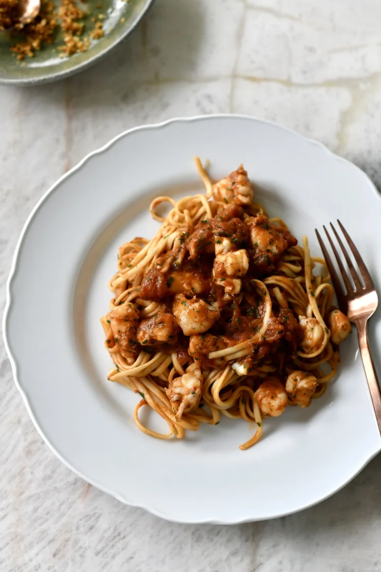 Prawn and tomato linguine with anchovy pangrattato