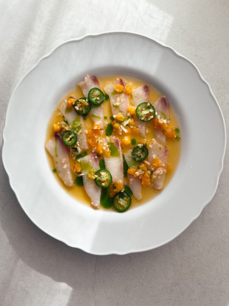 Kingfish crudo with mandarin and jalapeño