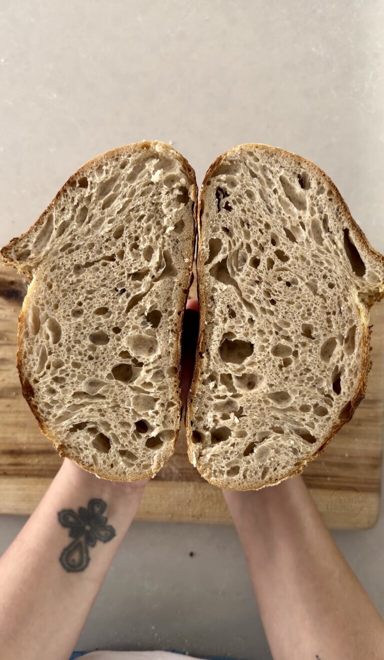 A crumb shot of a loaf of sourdough bread.