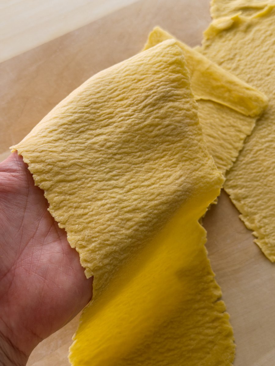 A sheet of freshly rolled egg pasta dough is draped over a hand. The pasta dough is heavily textured.