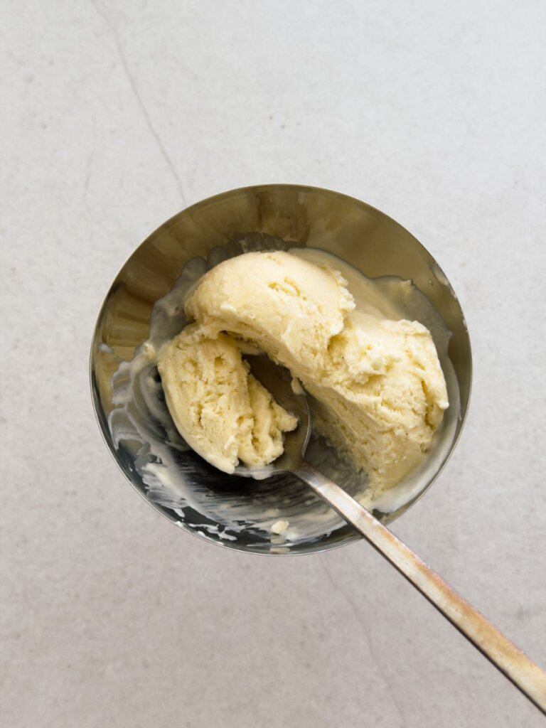 No churn salted vanilla tahini ice cream, served in a metal coupe.