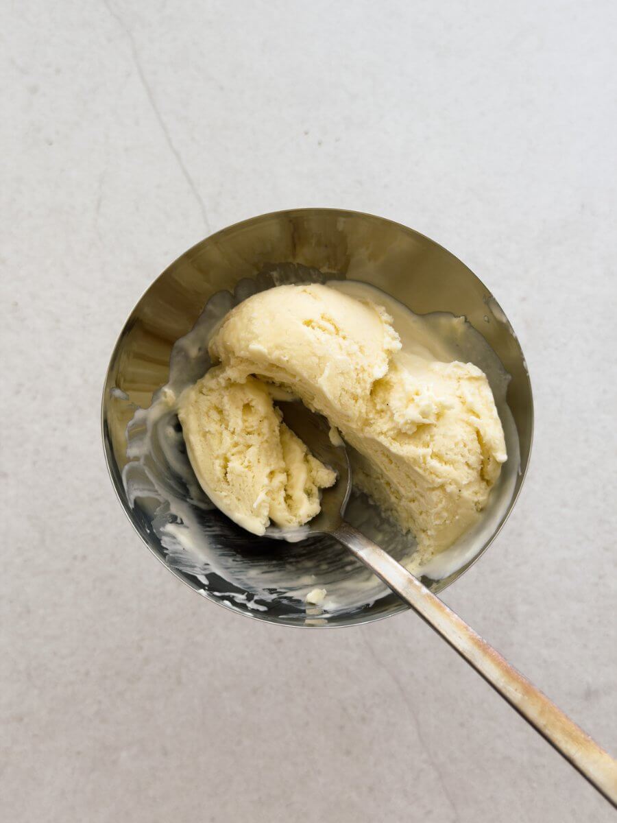 No churn salted vanilla tahini ice cream, served in a metal coupe.