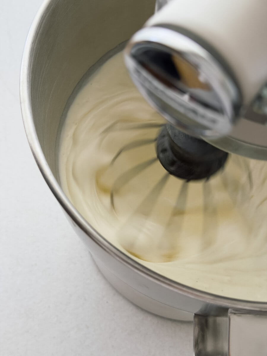 Thickened cream, vanilla and a pinch of flakey salt whisked to medium peaks in a stand mixer. 