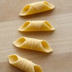 A close up photo of 4 pieces of homemade garganelli pasta, a short tubular pasta with a ridged exterior and pointed ends.