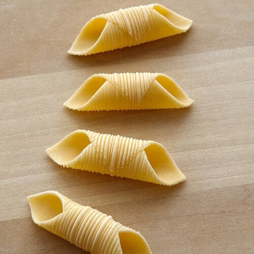 A close up photo of 4 pieces of homemade garganelli pasta, a short tubular pasta with a ridged exterior and pointed ends.
