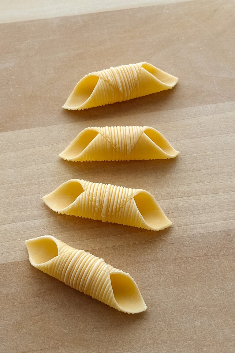 A close up photo of 4 pieces of homemade garganelli pasta, a short tubular pasta with a ridged exterior and pointed ends.