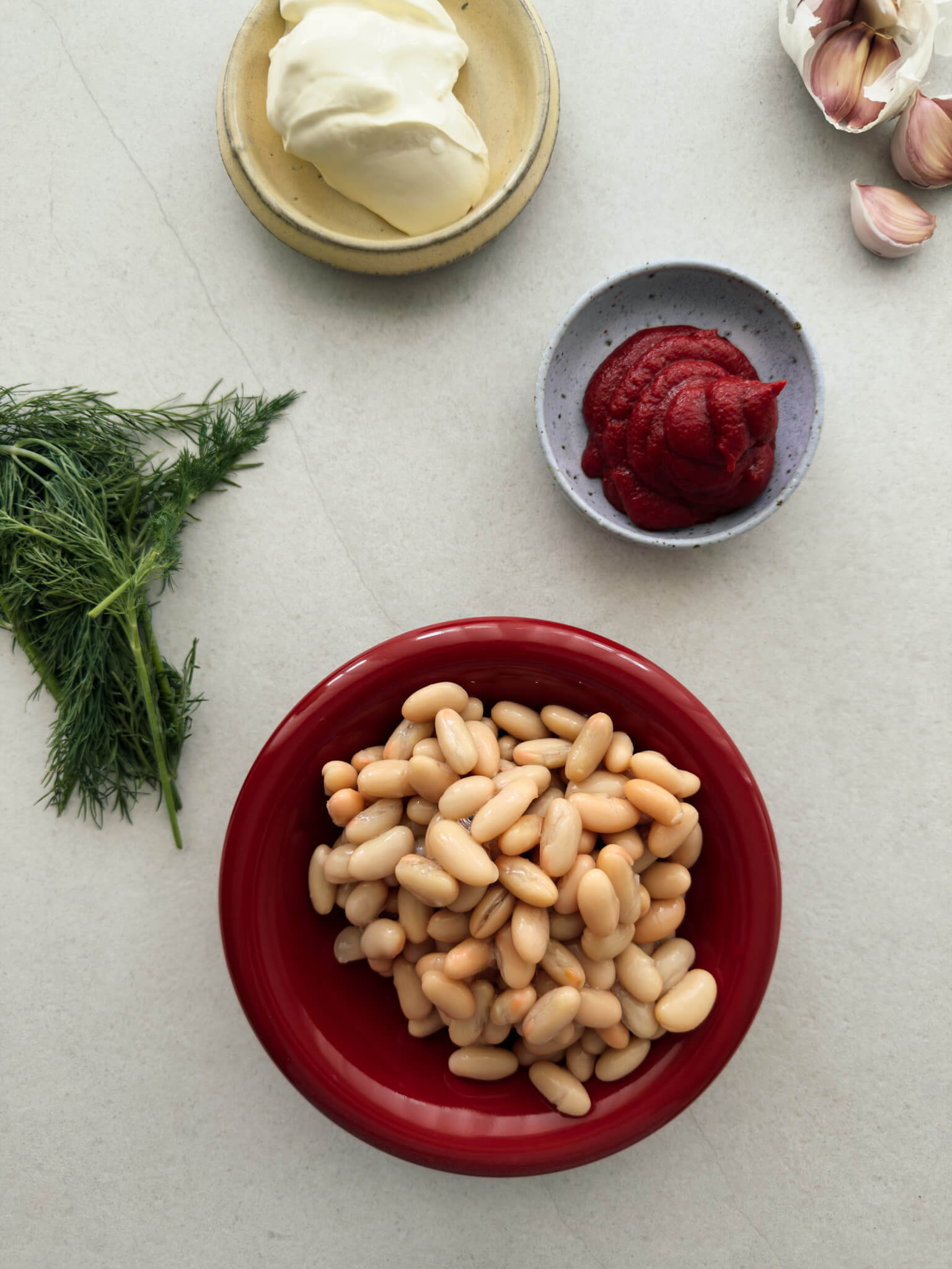 A top down flat lay photo of ingredients needed to make 5-minute creamy tomato beans - dill, cannellini beans, creme fraiche, tomato paste and garlic.