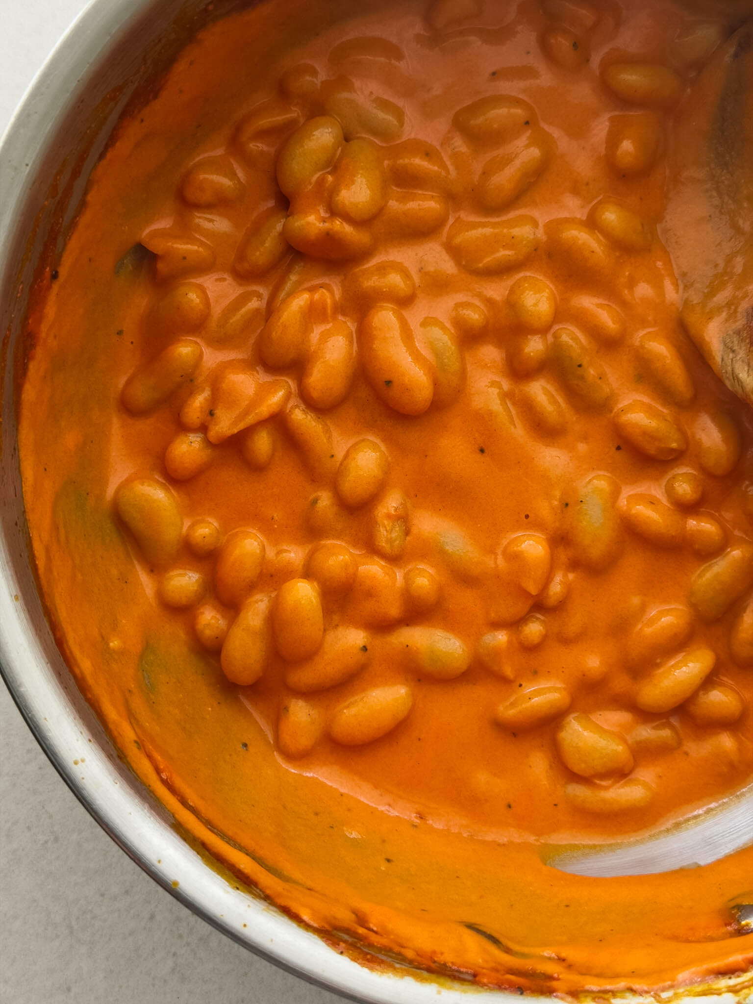 A close up photo of a sauté pan containing creamy tomato cannellini beans.